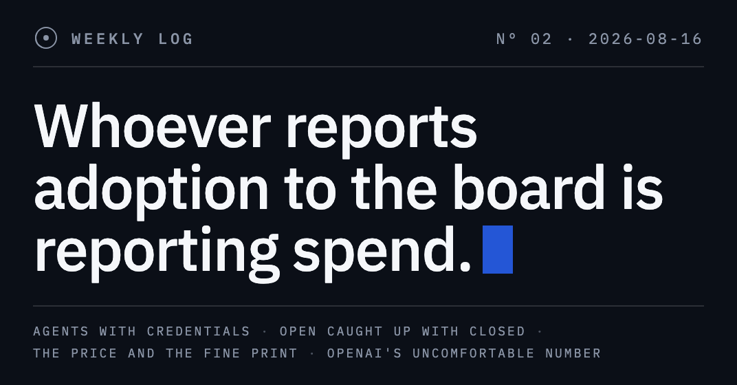 Weekly log no. 2 cover: on a dark background, the line «Whoever reports adoption to the board is reporting spend».